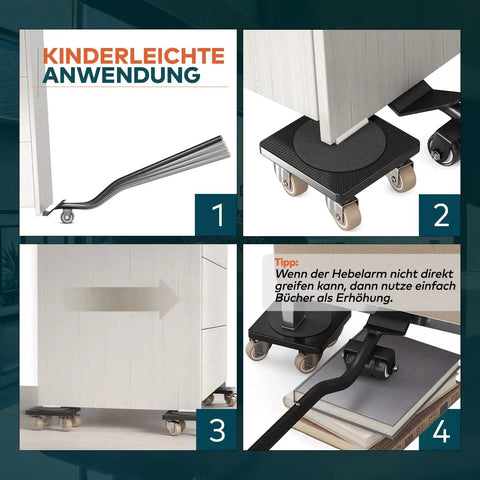 Premium Heavy Duty Furniture Mover Set With Locking Castors shown lifting a cabinet and using book elevation for smooth transport.