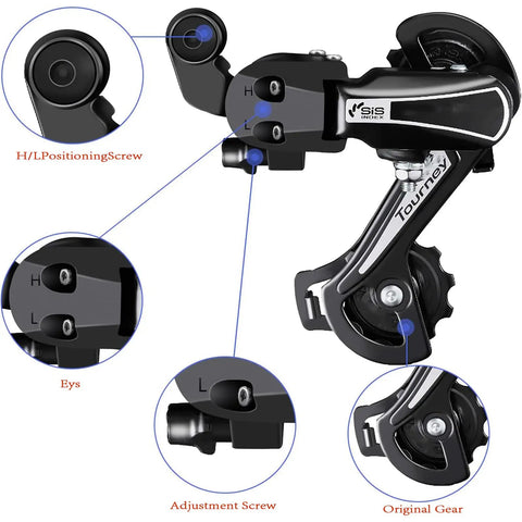 Close-up of black RD TY21B Ride Ready Six And Seven Speed Rear Derailleur Direct Mount For MTBs with visible screws and gears.