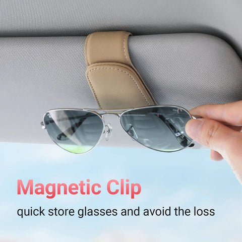 Nifty Beige Sunglass Holder For Car Sun Visor That Snaps Right On, securely holding sunglasses on visor.