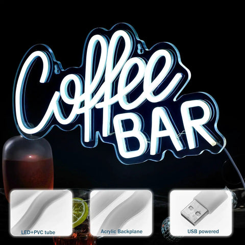 Coffee Bar Neon Sign LED Light for Cafes and Bars, Modern Wall Decor in bright white glow with acrylic base, USB powered