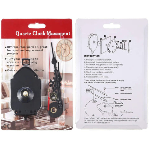Quartz Pendulum Clock Movement Kit With Two Pairs Of Hands And Pendulum, DIY Clock Repair Parts Set For Easy Replacement And Quick Fixes, Includes Instructions, showing product packaging with instructions.