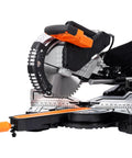 Straight Shooting 10 Inch Sliding Compound Miter Saw Featuring Quick Release Extension Shelf and Smooth 0 To 45 Dual Bevel Pivot for Frustration Free Cutting Through Wood Plastic or Tile, side view with blade and gauge