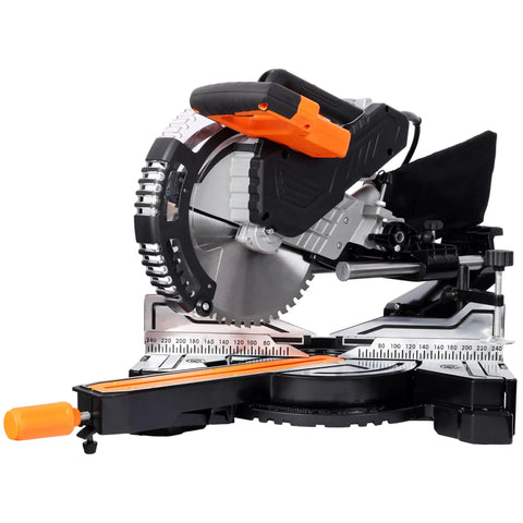 Straight Shooting 10 Inch Sliding Compound Miter Saw Featuring Quick Release Extension Shelf and Smooth 0 To 45 Dual Bevel Pivot for Frustration Free Cutting Through Wood Plastic or Tile, side view with blade and gauge