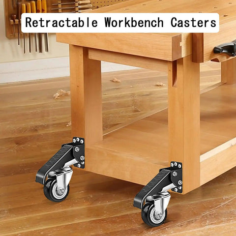 Heavy Duty Retractable Workbench Casters Kit With Smooth Rolling Polyurethane Wheels And No Jiggle Adjustable Leveling Glides for sturdy workbench support.