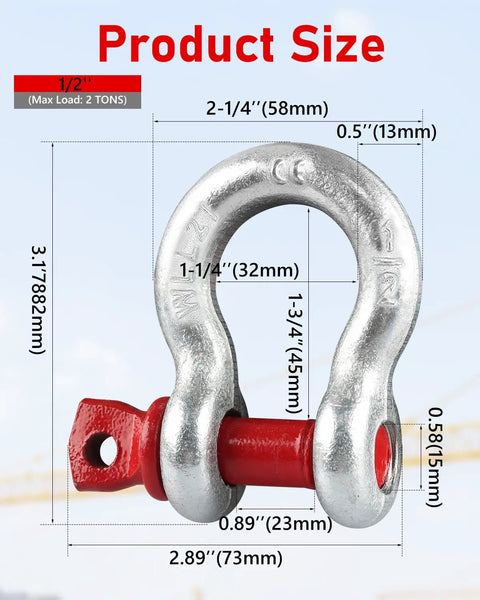 3 Piece Set Of One Half Inch D Ring Shackles Crafted From Tough As Nails Galvanized Steel Clevis Hardware featuring size dimensions and weight capacity.