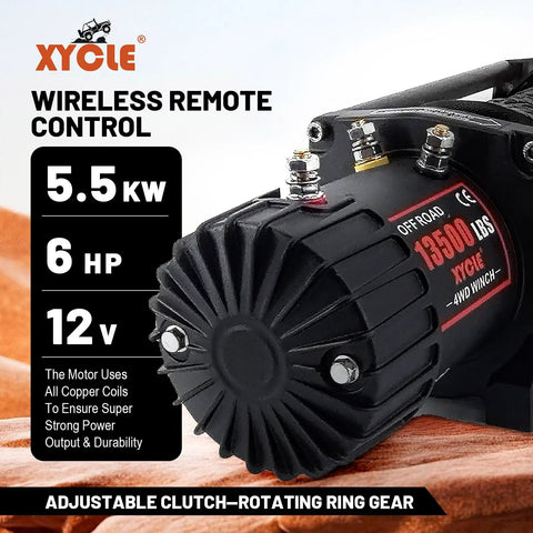 Heavy Duty 13,500 Lbs 12V Electric Winch With 3/8 Inch Synthetic Rope, Waterproof IP67, Remote Control, For 4x4 Trucks, SUVs, ATVs, Boats, And Trailers, Built For Serious Off Road Recovery, close-up of 12V motor