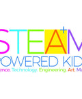 Colorful logo featuring the words STEAM Powered Kids, highlighting Science, Technology, Engineering, Art, and Maths concepts.