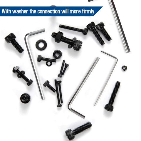 Complete 1060 Pieces Metric Hex Socket Head Cap Screw Bolt Nut Washer Assortment Kit Black 12.9 Grade Carbon Steel Fasteners M2 M3 M4 M5 Hardware Set Includes 4 Allen Wrench Tools For Pro Use with assorted black screws, washers, and Allen wrenches.