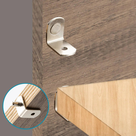Close-up of Heavy Duty 3/16 Inch Shelf Pins For Cabinets, Right Angle Metal Pegs supporting a wooden shelf in cabinetry.