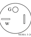 Diagram of NEMA 5-20P plug with G, W, and slot labels, part of Beefy 25 Foot NEMA 5 20P To 5 20R Extension Cord For 20 Amp 125 Volt Loads