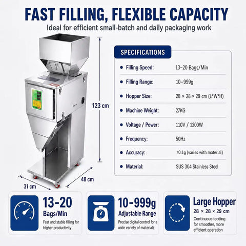 Smooth Operator Automatic Bag Weighing And Packing Filler With Dual Vibration Feed and Foot Pedal Switch for Dead On Measuring of Flours Grains Seeds and Dry Bulk Goods Under A Thousand Grams, detailed specifications chart.