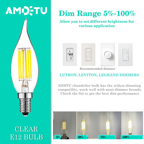 60 Watt Equivalent LED Candelabra Bulb CA10 Candle 4000K Daylight Dimmable Small Base Chandelier Light with dimmer controls visible