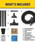 Included accessories for Heavy Duty Wet And Dry Vacuum Cleaner with 4 Gallon Tank and 4 HP Power, showing hose and nozzles.