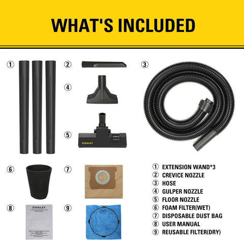 Included accessories for Heavy Duty Wet And Dry Vacuum Cleaner with 4 Gallon Tank and 4 HP Power, showing hose and nozzles.