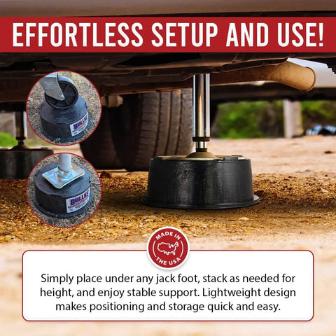 Tough As Nails USA Built Heavy Duty Round Trailer Leveling Blocks for RV Camper under jack foot, providing stable support.