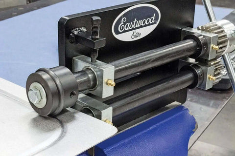 Heavy Duty Bead Roller 8 Inch With 22mm Shaft For Metal Fabrication in use on sheet metal at a workshop setting