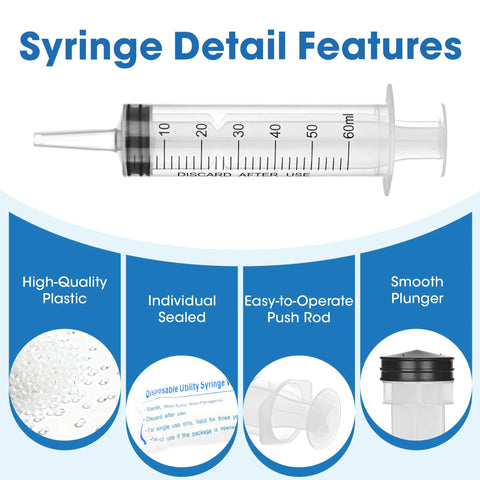 60mL Large Plastic Syringe 3 Pack With Adapter For Liquid Transfer Airtight Smooth Plunger Individually Wrapped Details