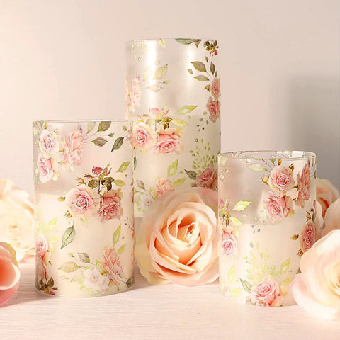 Pink Flameless Candles With Remote Timer, Flickering Glass Pillar Candles for Romantic Vibes with rose-themed decor