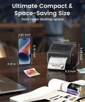 Compact Bluetooth 4x6 Thermal Shipping Label Printer D450BT for Small Business on wooden desk beside smartphone and laptop