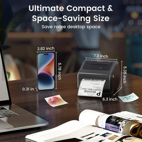 Compact Bluetooth 4x6 Thermal Shipping Label Printer D450BT for Small Business on wooden desk beside smartphone and laptop