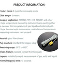 Front view: K-type thermocouple probe set, 5 pieces, 3 m cables, glass-fiber insulation, yellow flat plug.