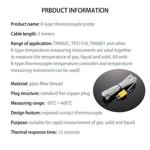Front view: K-type thermocouple probe set, 5 pieces, 3 m cables, glass-fiber insulation, yellow flat plug.
