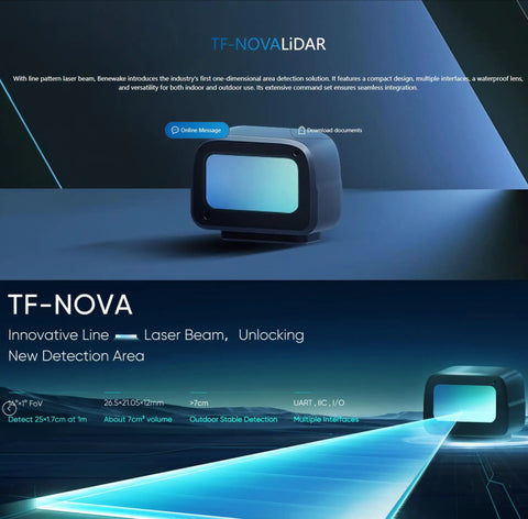 TF Nova Lidar Sensor Range Finder for Bots and Drones, dark gray, showcasing 14m scanning range and compact design.