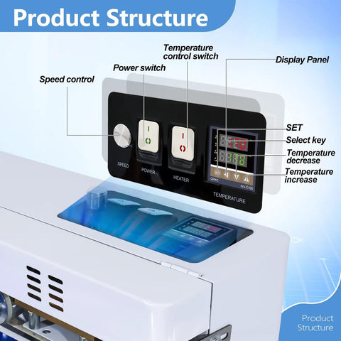 Control panel of the Rock Solid Commercial Heat Sealer Machine With Digital Temperature Control and Smoothly Adjustable Speed.