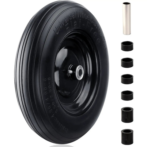 Flat Free 4.80/4.00-8 Tire and Wheel for Wheelbarrows Hand Trucks, 14.5 inch solid wheel, universal hub, shown with inserts