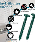 Top Shelf Sixty Pack 3 Inch Vinyl Shutter Fasteners Heavy Duty Exterior Window Panel Pegs And Spike Anchors For Wood Aluminum Shutters No Fuss Quick Install, showing two green vinyl shutter fasteners.