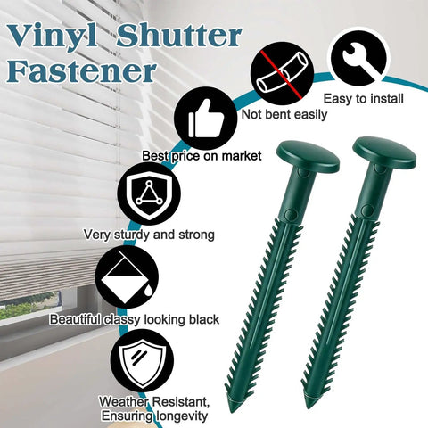 Top Shelf Sixty Pack 3 Inch Vinyl Shutter Fasteners Heavy Duty Exterior Window Panel Pegs And Spike Anchors For Wood Aluminum Shutters No Fuss Quick Install, showing two green vinyl shutter fasteners.