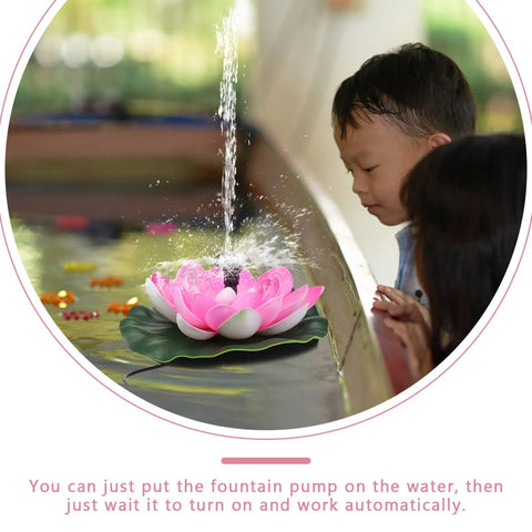 Children observing Solar Powered Floating Lotus Fountain For Fish Tanks And Gardens, Lily Pad Design in operation
