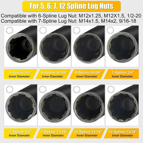 Eight Piece Spline Lug Nut Socket Set With 5 6 7 12 Spline Locking Keys showing inner diameters for lug nuts