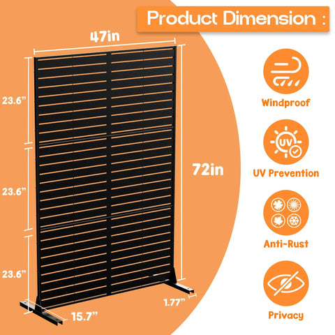 Heavy Duty Metal Privacy Screen 72 Inch High By 47.2 Inch Wide With Stand, black louvered panel, outdoor privacy feature