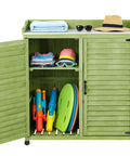 Outdoor Potting Bench With Metal Work Top And Cedar Wood Build, Waterproof Garden Storage Cabinet shown open with items inside.