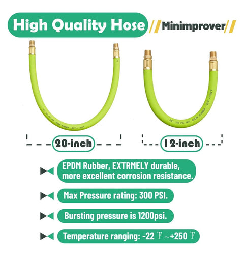 Kickass Hella Durable Premium High Flow EPDM Rubber Air Hose 12 Inch Quick Connect Fitting 1/4 Male To 1/4 Male NPT in green, showing 12-inch and 20-inch lengths.