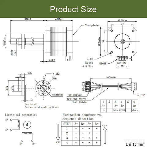 Technical diagram of Nema 17 Lead Screw Stepper Motor with Beefy 0.4Nm Torque, 2000 Steps Per Revolution, dimensions and schematic