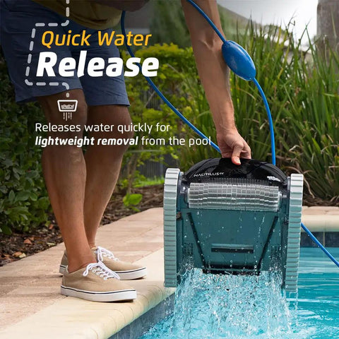 Person removing Nautilus CC Automatic Robotic Pool Cleaner With Wall Climbing Scrubber And Top Load Filter Access from pool