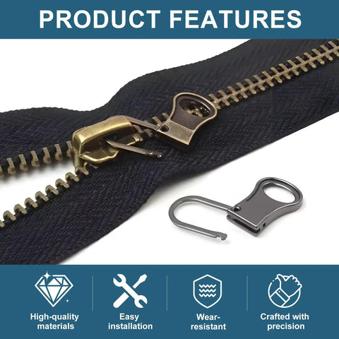 Close-up of 10 Piece Zipper Pull Tab Replacement Kit with detachable metal pulls for universal fit on various gear, in mixed colors.