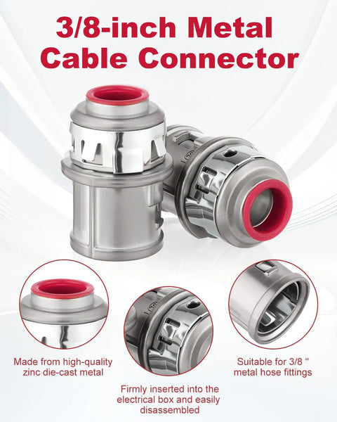 25 Piece Metal Cable Connectors For Three Eighth Inch Conduit Zinc Electrical Fittings shown with three close-ups