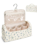 Quilted Hair Tools Travel Bag With Hanging Hook, floral pattern, open view showing compartments, transparent pocket