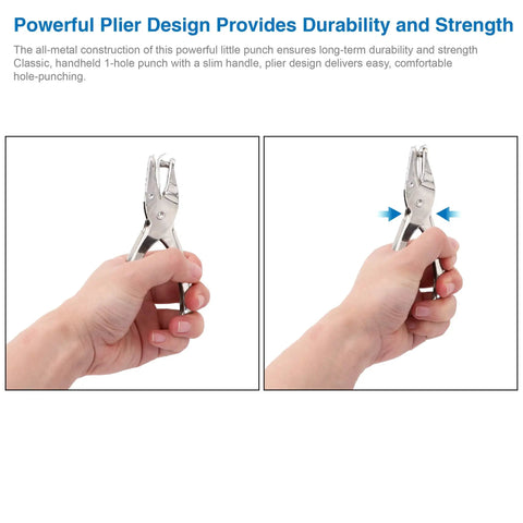 Hand holding Tiny One Eighth Inch Circle Hole Paper Punch, compact handheld metal puncher for tags with anti rust construction and grippy handle.