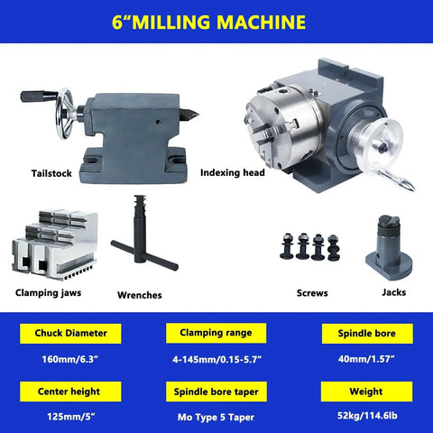 6 Inch 3 Jaw Chuck Milling Machine Indexing Head with Vertical Horizontal Indexing Plate Rotary Table Set Including Tailstock.