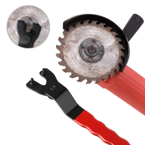 Adjustable Pin Wrench For Angle Grinders Grinder Spanner Tool For Lock Nuts And Abrasive Discs Durable Chisel Tool Steel Seven And A Quarter Inches Long One And A Half Inches Wide Adjustable From One Half Inch To One And A Quarter Inch Red shown with saw blade