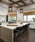 Awesome Oak Wood And Matte Black Farmhouse Pendant Light With 59 Inch Adjustable Chain and Killer Style above kitchen island.