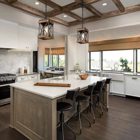 Awesome Oak Wood And Matte Black Farmhouse Pendant Light With 59 Inch Adjustable Chain and Killer Style above kitchen island.