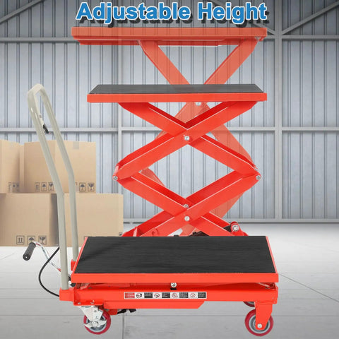 Premium Garvee Double Scissor Hydraulic Lift Table Cart with adjustable height, red color, showcasing sturdy steel construction.