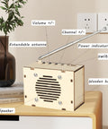 Build Your Own FM Radio Kit For Kids And Teens Ages 8 To 14 STEM Toys Fun DIY Electronics Snap Circuits Style Learn Electronics While Building And Testing Radio Circuits Classic Wood Edition, showing a wooden FM radio with extendable antenna on a table.