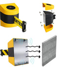 Magnetic Wall Mount Retractable Belt Barrier, 30 Foot Belt, Yellow ABS Case, Danger Forklift Trucks In Bold Black Letters