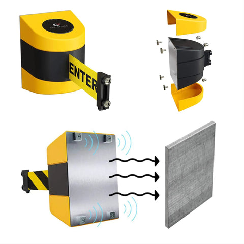 Magnetic Wall Mount Retractable Belt Barrier, 30 Foot Belt, Yellow ABS Case, Danger Forklift Trucks In Bold Black Letters